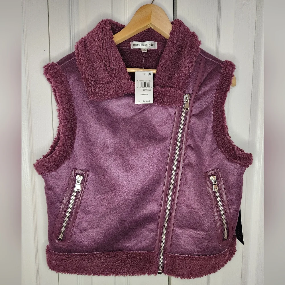 NWT Madden Girl Faux Shearling Moto Vest - Plum, Sugar Beat, Size Medium - Picture 2 of 7